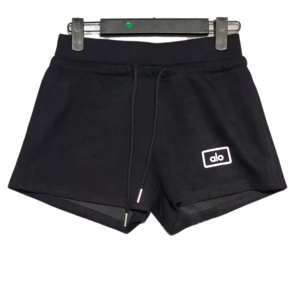 Alo Yoga Shorts Women M Black Cotton Drawstring Athletic Lounge Logo Patch